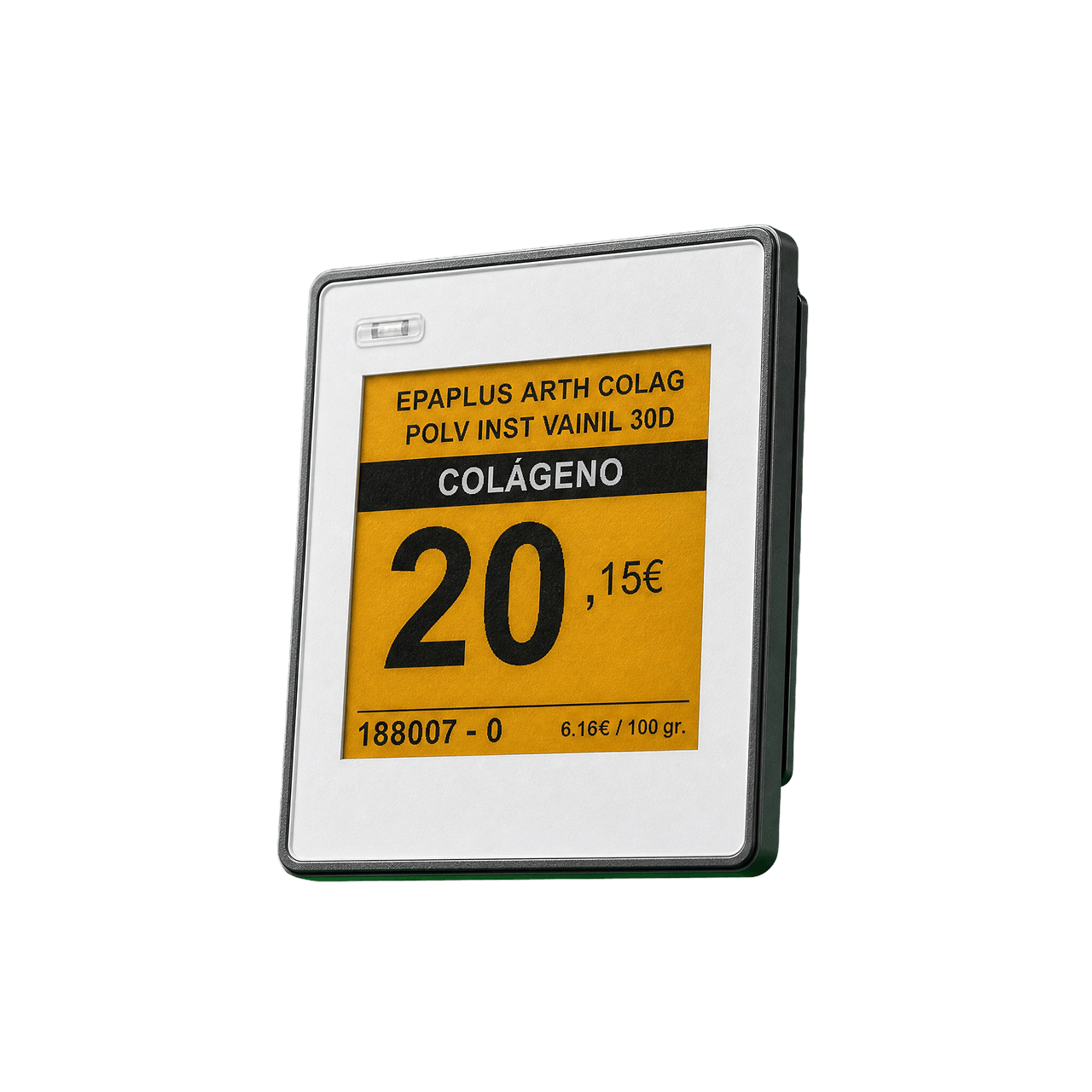 Render 3D de etiqueta electrónica Keonex mostrando precio de Colágeno Epaplus a 20,15€ con fondo amarillo