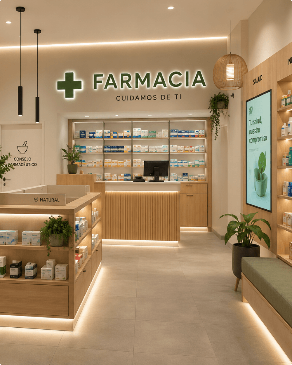 Farmacéutico atendiendo en mostrador de farmacia con estanterías de medicamentos al fondo